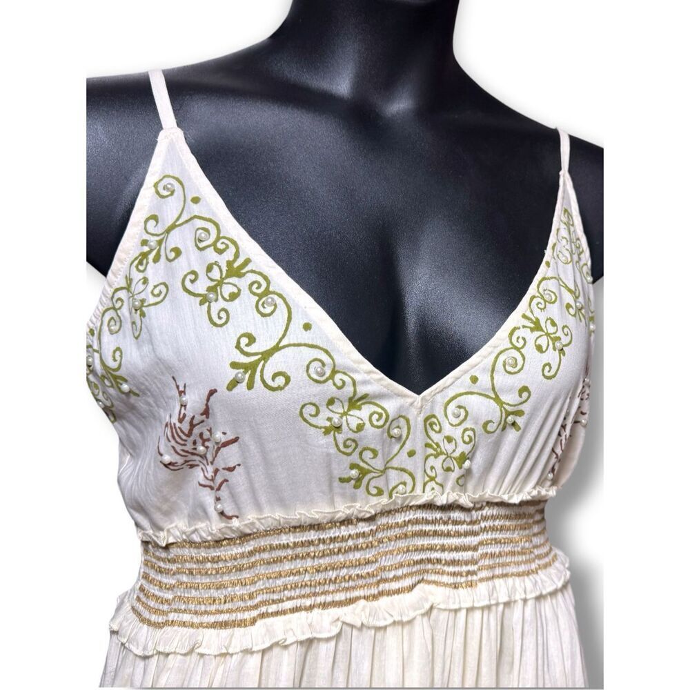 POLโBoho Embroidered Smocked Waist Midi Dress Cream Cottagecore Cami Dress NEW - Picture 15 of 16